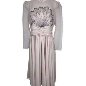 VTG Chiffon Illusion Bodice Sleeves Beaded Floral Cinched Waist Cocktail Sz 12